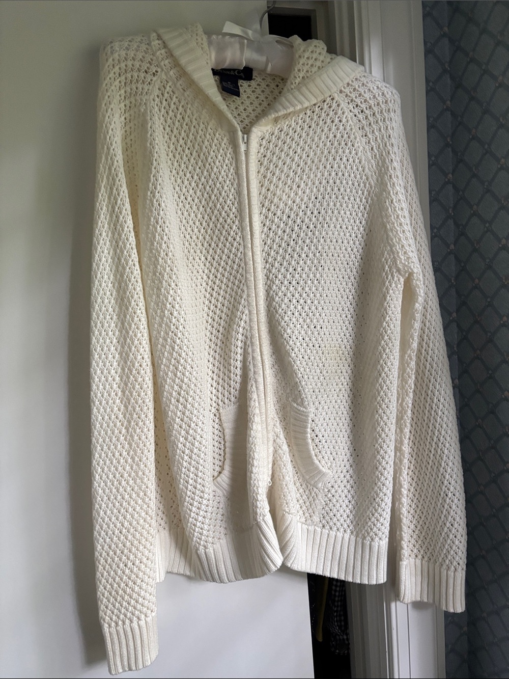 Denim&Co Cream Hooded Zip Loose Knit Cardigan with Pockets